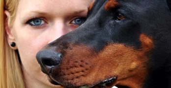 A blonde woman and her Doberman