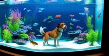 dog in the aquarium with the fish
